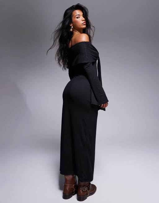 ASOS DESIGN – Langärmliges, besonders weiches Midikleid in Schwarz mit Carmen-Ausschnitt und Bindedetail, 4 von 4