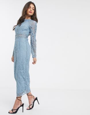 ASOS DESIGN – Langärmliges Bleistiftkleid aus Spitze mit geometrischer Spitzenbordüre in Staubblau