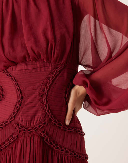 ASOS DESIGN – Langärmliges Blouson-Maxikleid in Burgunderrot mit Gitterverzierung am Oberteil, 2 von 4