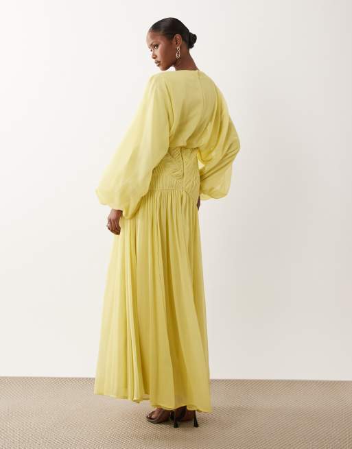 ASOS DESIGN langärmliges Blouson-Maxikleid mit gerafftem Taillendetail in Gelb, 2 von 4