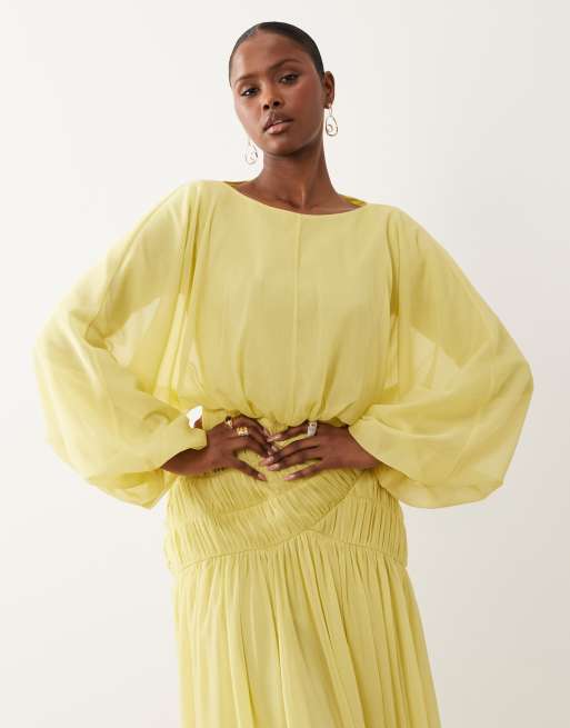 ASOS DESIGN langärmliges Blouson-Maxikleid mit gerafftem Taillendetail in Gelb, 4 von 4