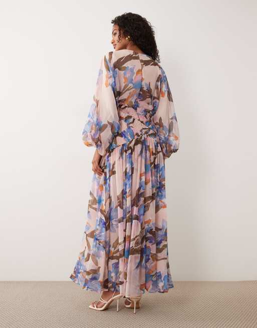 ASOS DESIGN – Langärmliges Blouson-Maxikleid mit romantischem Blumenmuster und gekräuselter, geraffter Taille, 4 von 4
