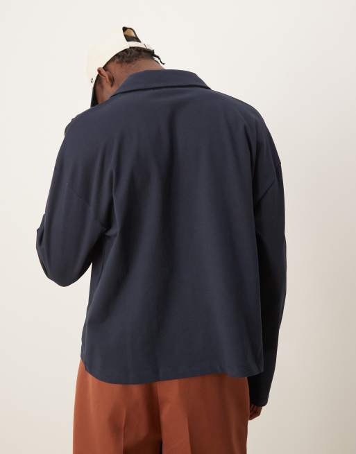 ASOS DESIGN – Langärmliges Boxy Fit Oversize-Polohemd in Marineblau mit tiefem V-Ausschnitt, 2 von 4