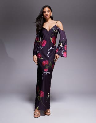 ASOS DESIGN - Langärmliges Camisole-Midikleid aus Satin in Lila mit Blumenmuster und abfallenden Schultern-Bunt