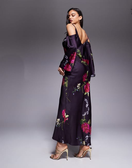 ASOS DESIGN – Langärmliges Camisole-Midikleid aus Satin in Lila mit Blumenmuster und abfallenden Schultern, 2 von 4