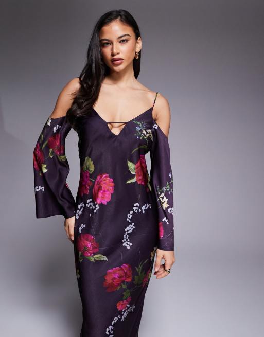 ASOS DESIGN – Langärmliges Camisole-Midikleid aus Satin in Lila mit Blumenmuster und abfallenden Schultern, 4 von 4
