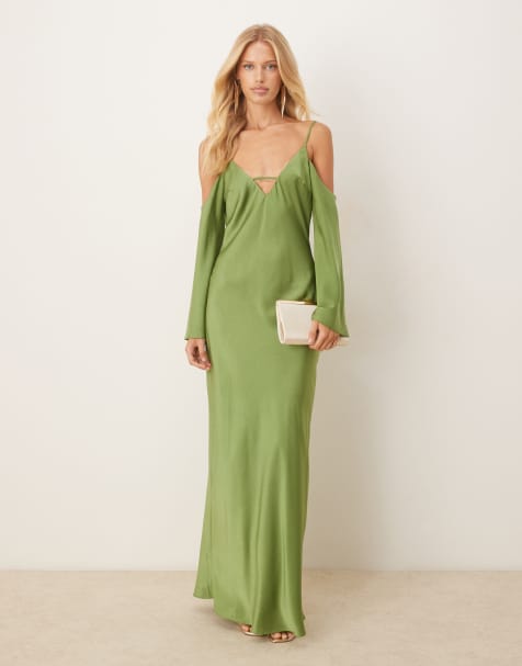 ASOS DESIGN – Langärmliges Camisole-Midikleid aus Satin mit abfallenden Schultern in Grün - view 1