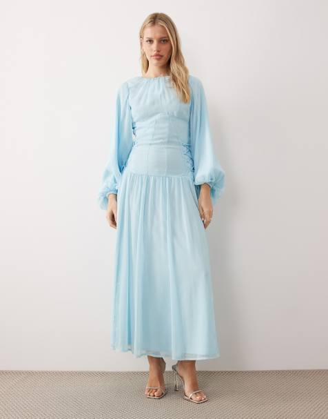 ASOS DESIGN – Langärmliges Chiffon-Maxikleid in Himmelblau mit Bindedetail - view 1
