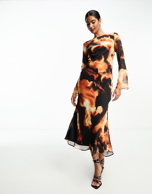 ASOS DESIGN – Langärmliges Chiffon-Midikleid in gemustertem Schwarz