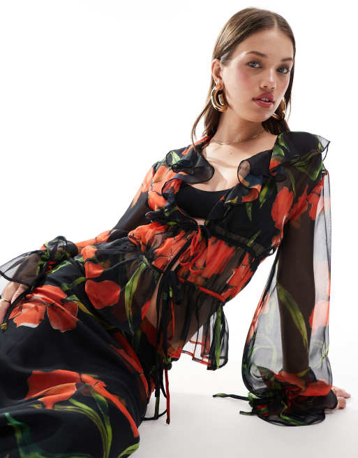 ASOS DESIGN – Langärmliges Chiffon-Oberteil mit Blumenmuster, Rüschen, Schnürdetail, Kombiteil, 4 von 4