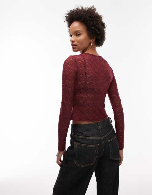 ASOS DESIGN – Langärmliges Cropped-Oberteil in Burgunderrot aus transparenter Spitze, 4 von 4