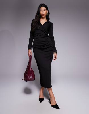 ASOS DESIGN - Langärmliges, drapiertes Maxi-Hemdkleid in Schwarz-Keine Farbe
