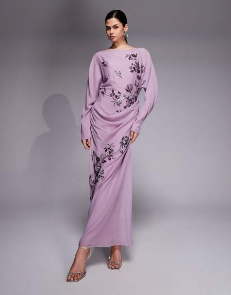 ASOS DESIGN – Langärmliges, drapiertes Maxikleid in Malve mit Blumenverzierung - view 1