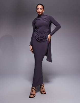 ASOS DESIGN - Langärmliges, drapiertes Maxikleid in Schiefergrau
