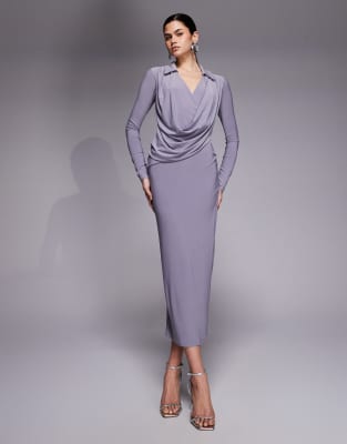ASOS DESIGN - Langärmliges, drapiertes Midikleid in Flieder mit Hemd-Design-Grau