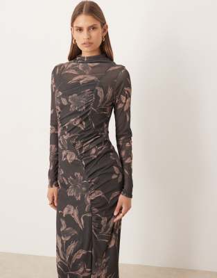 ASOS DESIGN - Langärmliges, drapiertes Midikleid mit dunklem Print und geraffter Vorderseite-Bunt