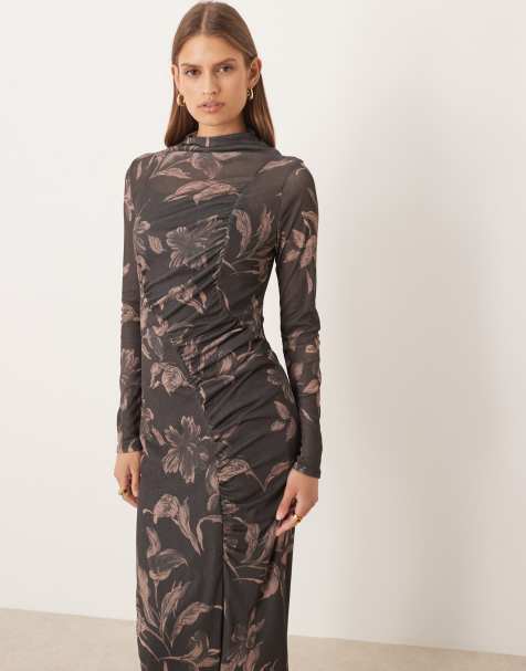 ASOS DESIGN – Langärmliges, drapiertes Midikleid mit dunklem Print und geraffter Vorderseite - view 1