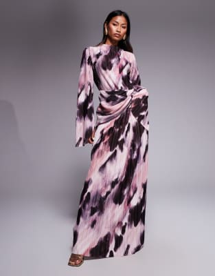 ASOS DESIGN - Langärmliges, drapiertes Plissee-Maxikleid mit verschwommenem Muster in Pastellfarben-Bunt
