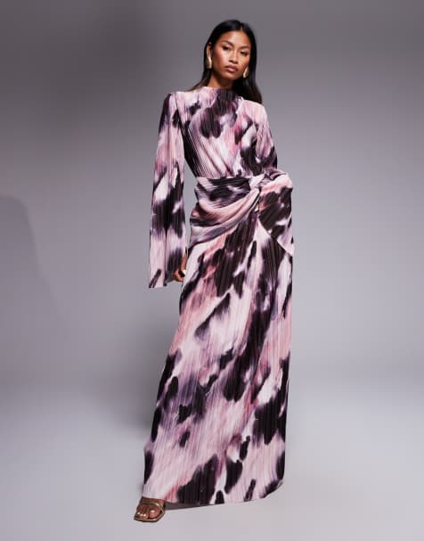 ASOS DESIGN – Langärmliges, drapiertes Plissee-Maxikleid mit verschwommenem Muster in Pastellfarben - view 1