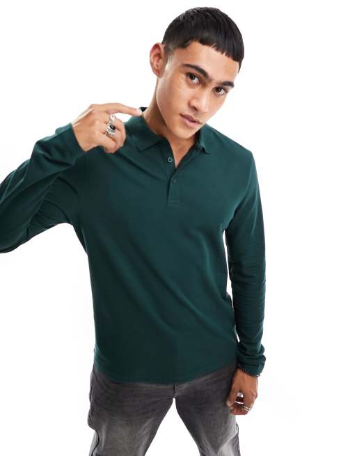 ASOS DESIGN – Langärmliges, elegantes Pikee-Polohemd in Grün