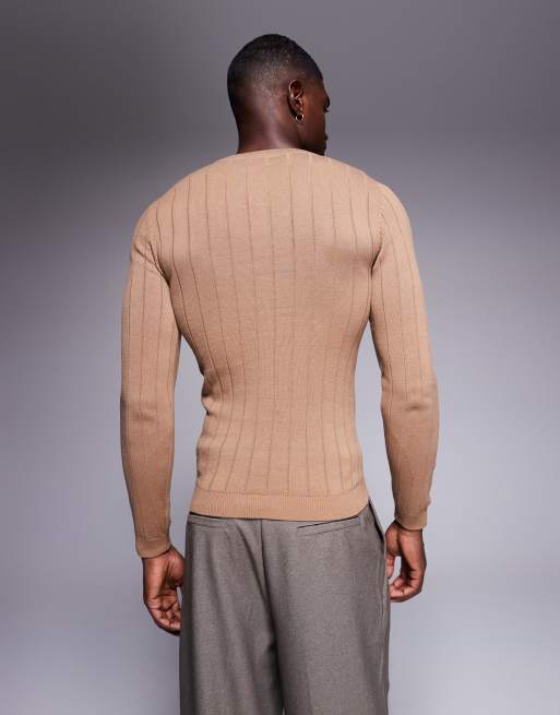 ASOS DESIGN – Langärmliges, figurbetontes Henley-T-Shirt aus Rippstrick in Hellbraun, 3 von 5