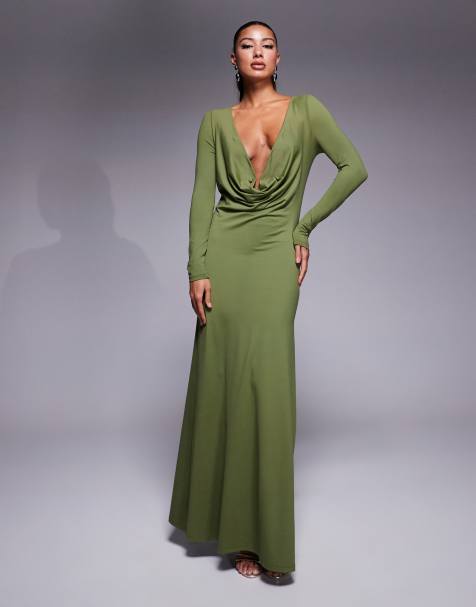 ASOS DESIGN – Langärmliges, figurformendes Maxikleid aus Jersey in Khaki - view 1