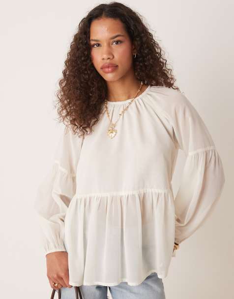 ASOS DESIGN – Langärmliges, fließendes Hängeroberteil in Creme - view 1