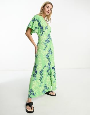 ASOS DESIGN - Langärmliges Freizeitkleid in Grün mit Blumenmuster und Ziernaht-Bunt