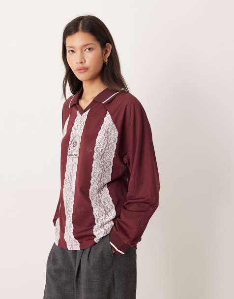 ASOS DESIGN – Langärmliges Fußball-T-Shirt in Rosa und Burgunderrot mit Streifendetails aus Spitze - view 1