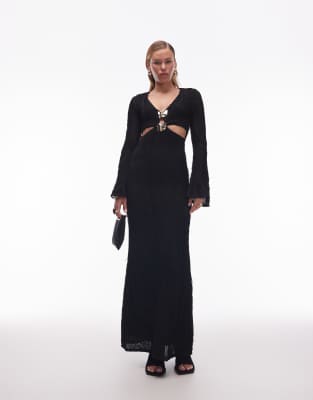 ASOS DESIGN – Langärmliges, gehäkeltes Midikleid in Schwarz mit Rüschen und goldfarbenen Metall-Details - view 1