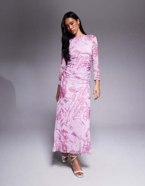 ASOS DESIGN – Langärmliges, gerafftes Maxikleid aus Netzstoff in Flieder mit Muster - view 1