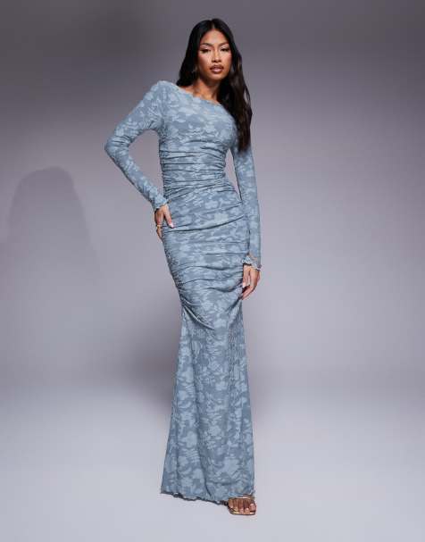 ASOS DESIGN – Langärmliges, gerafftes Maxikleid in Blau mit Ausbrennermuster - view 1