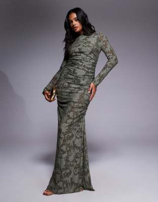 ASOS DESIGN - Langärmliges, gerafftes Maxikleid in Khaki mit Ausbrennermuster-Grün