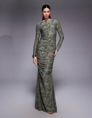 ASOS DESIGN - Langärmliges, gerafftes Maxikleid in Khaki mit Ausbrennermuster-Grün