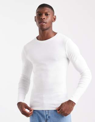 Langärmliges, geripptes Basic-T-Shirt in Weiß mit körperbetontem Schnitt Weiß 4XL
