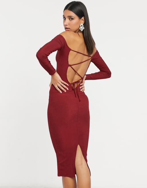 Evesham Nj Design Langarmliges Geripptes Bodycon Midikleid In Weinrot Evesham Nj