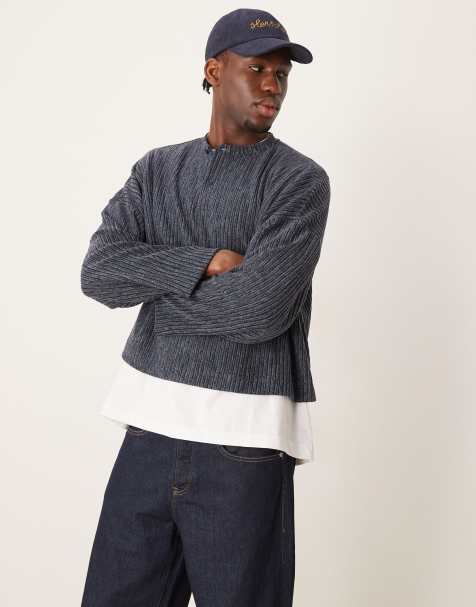 ASOS DESIGN – Langärmliges, geripptes Cropped-T-Shirt in meliertem Grau mit Henley-Ausschnitt und extremem Oversize-Schnitt - view 1