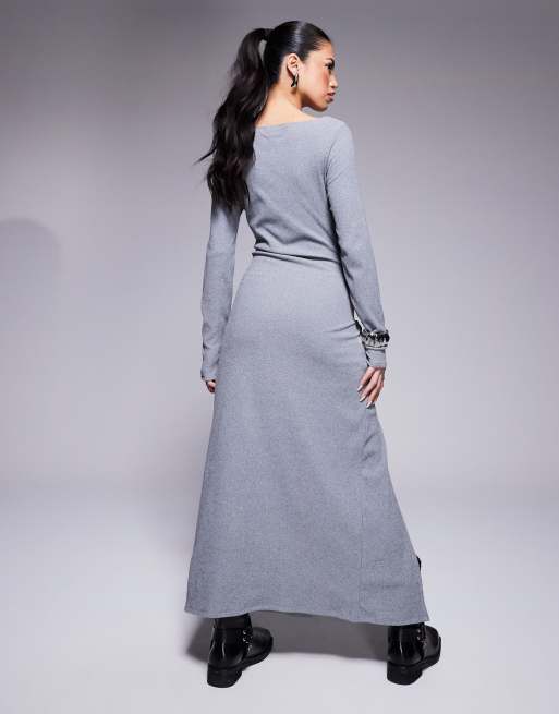 ASOS DESIGN – Langärmliges, geripptes Midikleid in Grau mit U-Boot-Ausschnitt und Twist-Detail vorn, 4 von 4