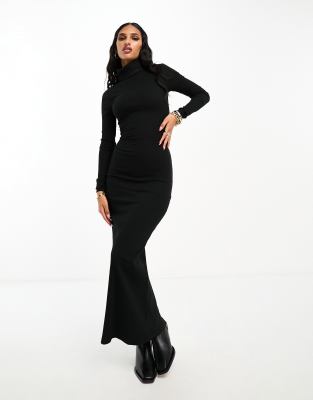 ASOS DESIGN - Langärmliges, geripptes Midikleid in Schwarz mit Rollkragen