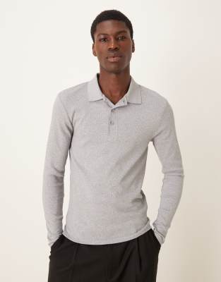 Langärmliges, geripptes Muskelshirt aus schwerem Material in meliertem Grau mit Polokragen Grau S