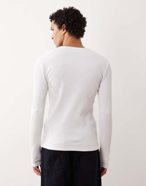 ASOS DESIGN – Langärmliges, geripptes Muskelshirt aus schwerem Stoff in Weiß mit Henley-Ausschnitt  , 5 von 5