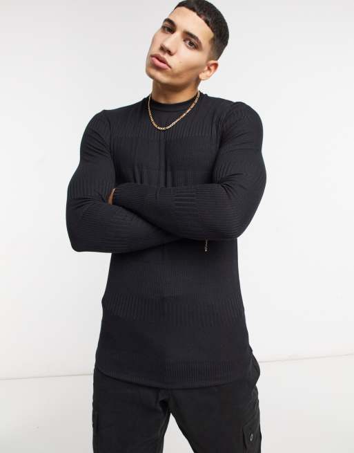 ASOS DESIGN – Langärmliges, geripptes Muskelshirt in Schwarz