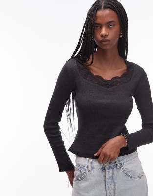 ASOS DESIGN - Langärmliges, geripptes Oberteil in Anthrazit mit Herzausschnitt und Spitzenborte-Gelb