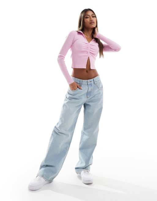 ASOS DESIGN – Langärmliges, geripptes Oberteil in Rosa mit geraffter Vorderseite und Kragendetail, 2 von 4