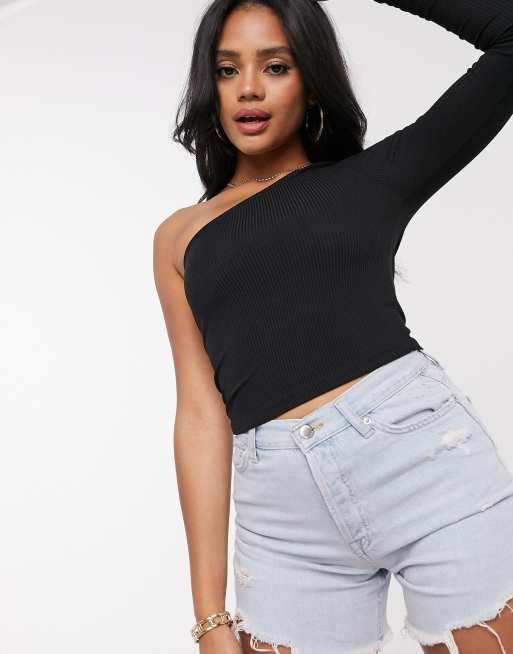 ASOS DESIGN Langarmliges geripptes Oberteil mit One Shoulder Trager in Schwarz ASOS