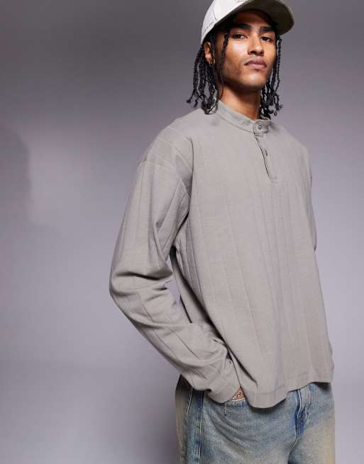 ASOS DESIGN – Langärmliges geripptes Oversize-Shirt in Khaki mit kastigem Schnitt