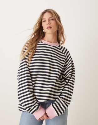 ASOS DESIGN - Langärmliges, geripptes Oversize-Sweatshirt in Rosa-Bunt