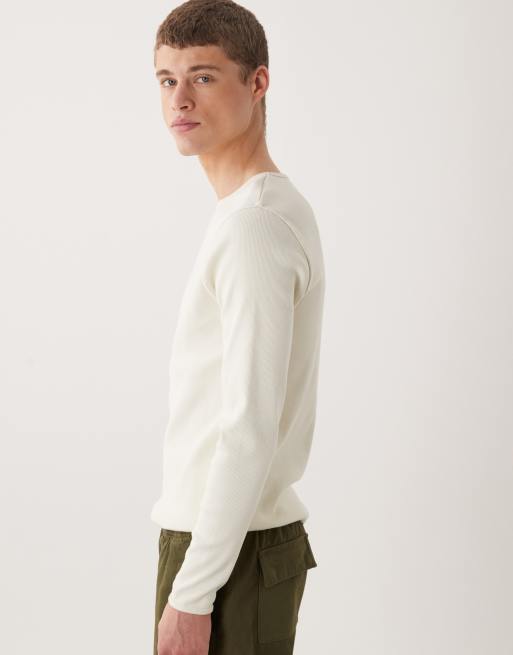ASOS DESIGN – Langärmliges, geripptes Shirt aus superschwerem Stoff in Beige mit schmalem Schnitt, 5 von 5