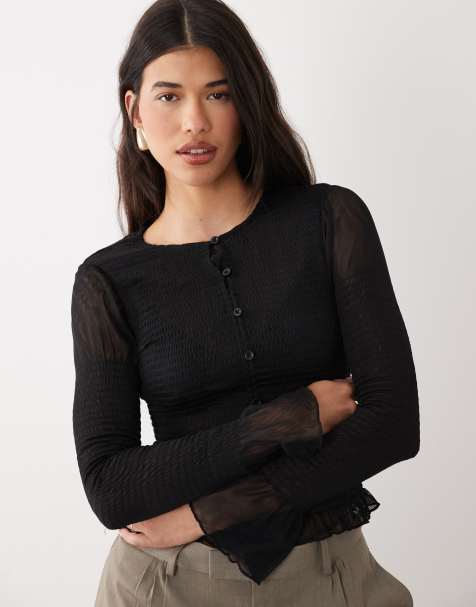 ASOS DESIGN – Langärmliges, gesmoktes Netzstoff-Oberteil in Schwarz mit durchgehender Knopfleiste - view 1