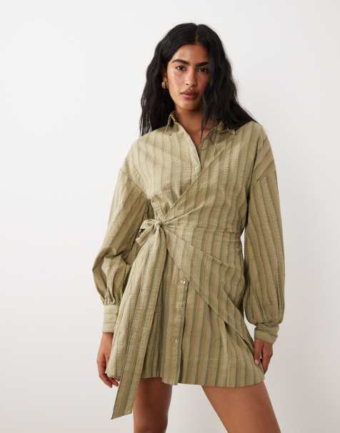 ASOS DESIGN – Langärmliges, gestreiftes Mini-Hemdblusenkleid in Khaki mit Blousonärmeln und Bindegürtel - view 1